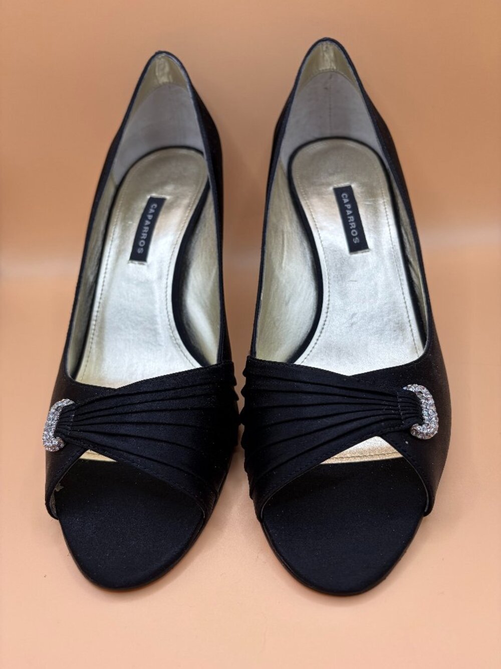 Caparros "Amari" Black Satin Peep-Toe Pump, Size 9.5B